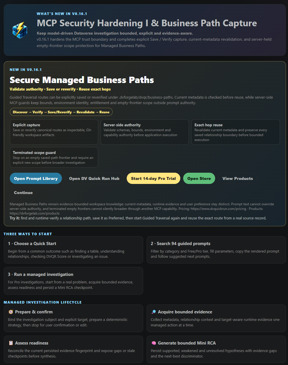 DV Quick Run v0.16.1 Welcome page showing secure Managed Business Paths