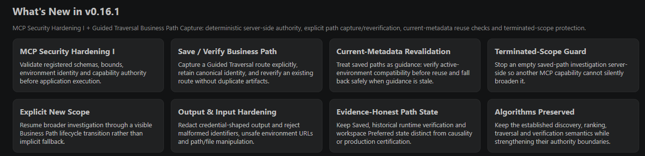 DV Quick Run v0.16.1 What’s New showing MCP security hardening and Business Path capture